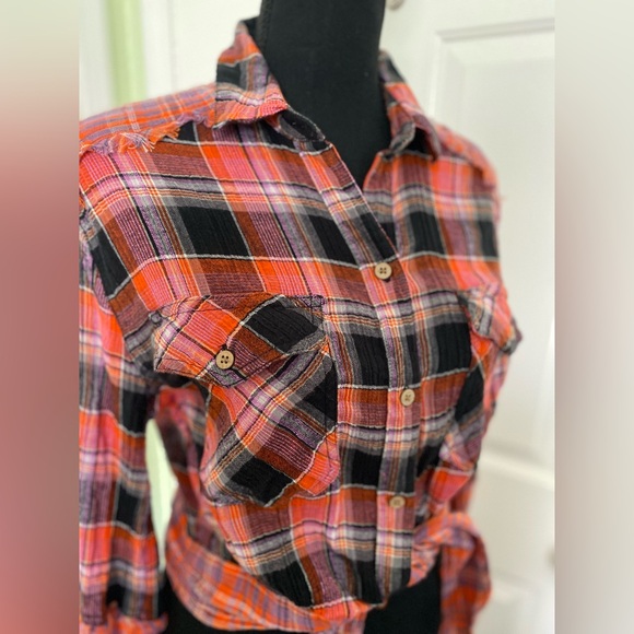 Free People We the Free Womens Multicolor Plaid Tie Waist Button Up Top Size M - Picture 4 of 12